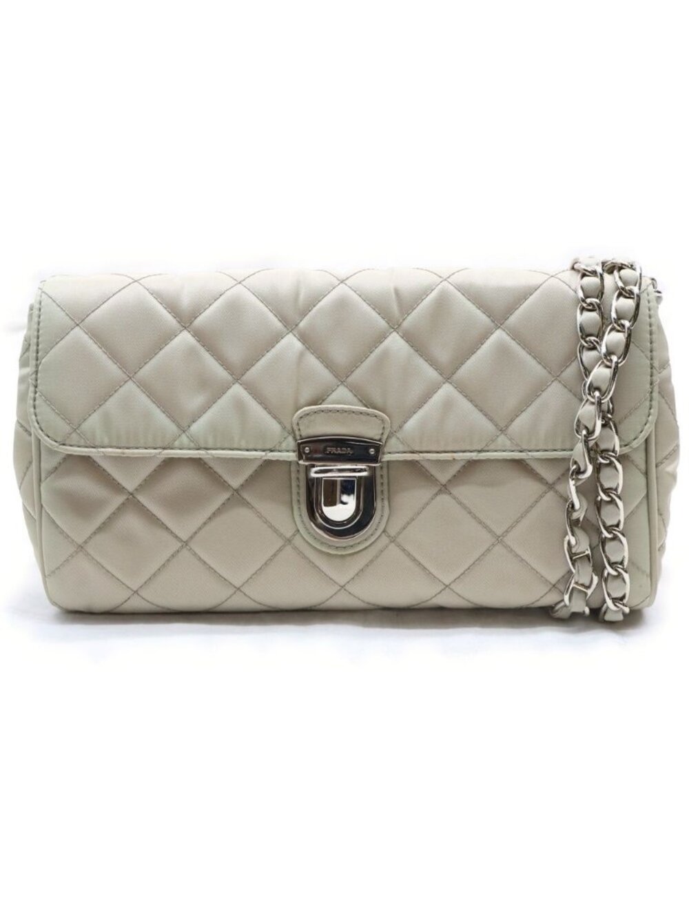Prada Quilted Nylon Chain Shoulder Bag Back Beige Silver